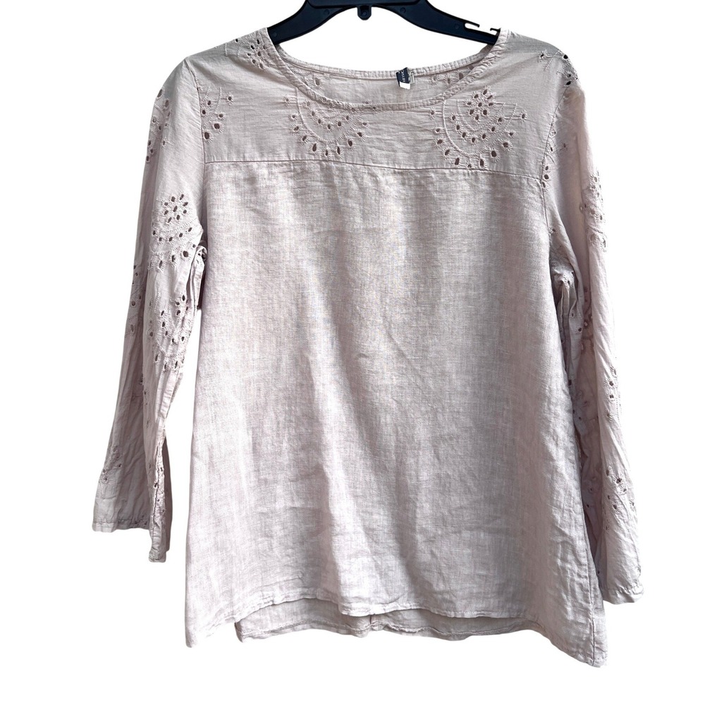 Francesca Bettini Linen Blouse Womens S Oatmeal Tan Eyelet Lace European Coastal